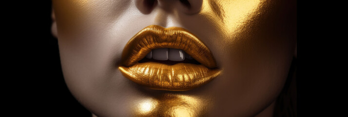 Banner. Golden lipstick closeup. Metal gold lips. Beautiful makeup.  Copyspace. Generative AI © OLGA