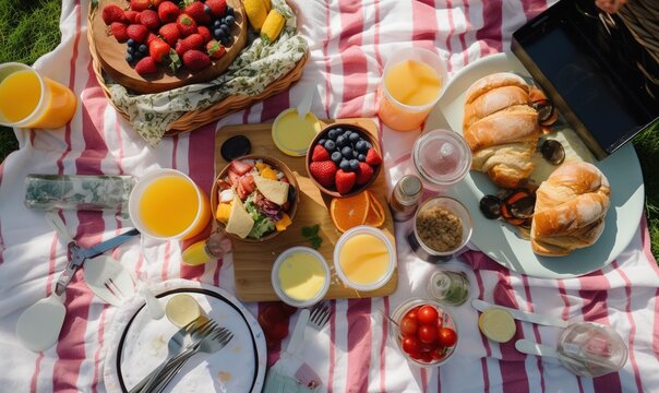  a picnic table with a basket of fruit, bread, juice, and juice cups.  generative ai