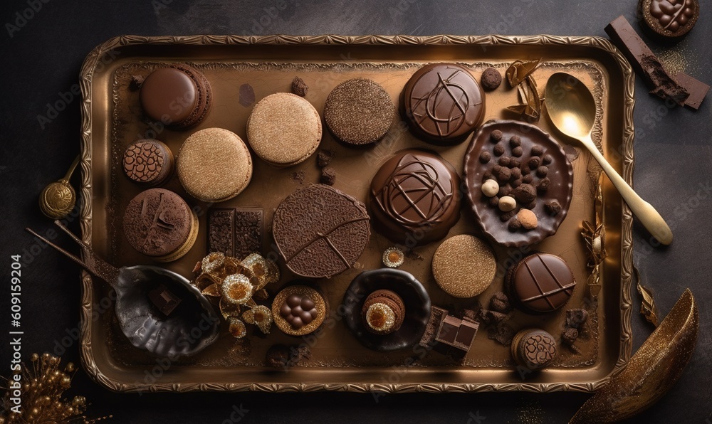Poster a tray with a variety of chocolates and cookies on it. generative ai