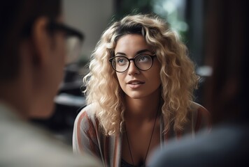 woman in discussion, work, cooperation, company