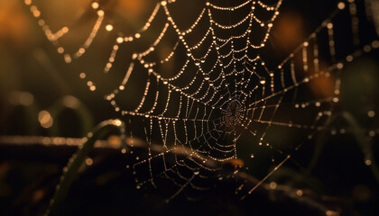 Spider spins dewy web in spooky forest generated by AI