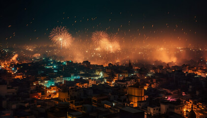 Fototapeta na wymiar Glowing city skyline ignites vibrant firework celebration generated by AI