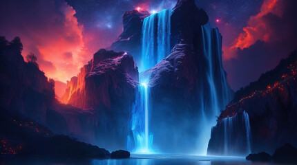 Colorful Waterfall Background, Desktop, Mountains, Clouds, Neon