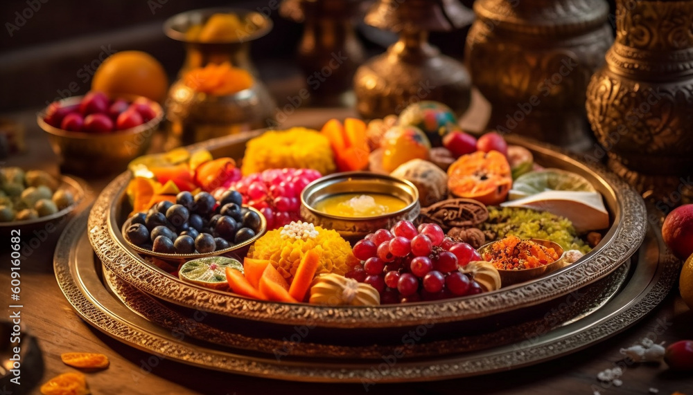 Poster autumn abundance on rustic wood table display generated by ai
