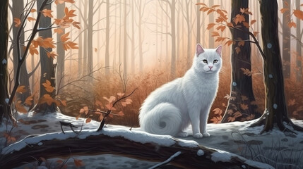 White fox in the winter forest. Digital painting. generative ai