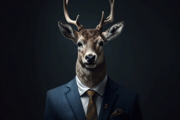 Portrait of a Deer dressed in a formal business suit, The Elegant Boss Deer, generative AI