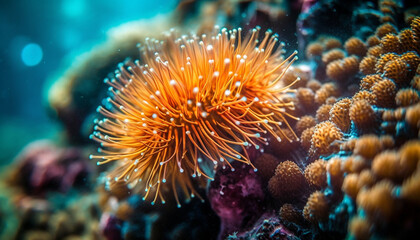 Fototapeta na wymiar Multi colored fish swim among vibrant coral reef generated by AI