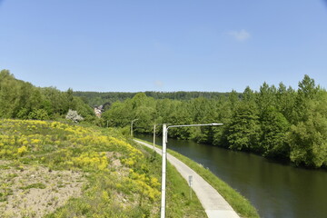 Fototapeta na wymiar La Sambre et son chemin de halage en pleine forêt à Hourpes à l'ouest de Charleroi 