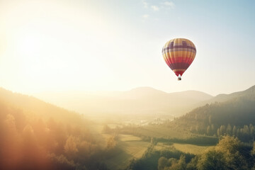Beautiful inspirational landscape with hot air balloon flying in the sky, travel destination. AI