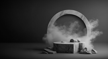 Abstract minimal concept. Dark background with natural granite stones podium and smoke surrounding. Mock up template for product presentation. 3D rendering. copy text space	
