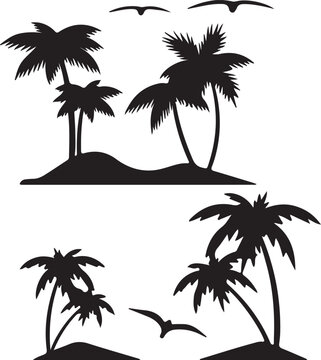 The Palm Tree with birds is Set on white background. Design Template for Tropical, Vacation, Beach, and Summer Concepts. Vector Illustration.