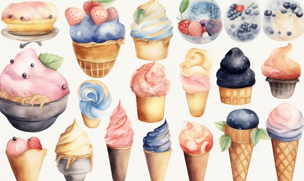  a painting of a variety of ice creams and desserts.  generative ai