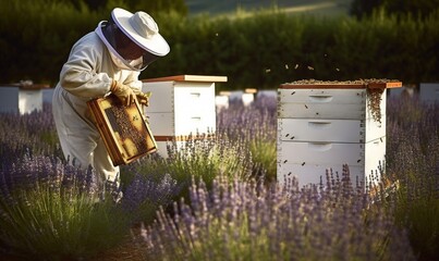  a man in a white hat and a beekeeper in a field of bees.  generative ai - obrazy, fototapety, plakaty