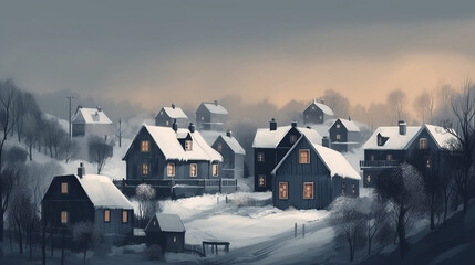 Winter rural landscape with snow covered trees and houses at sunset.generative ai