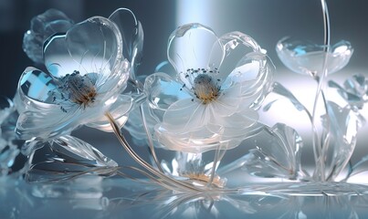  a group of glass flowers sitting on top of a table.  generative ai