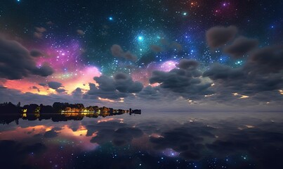  a night sky with stars and clouds reflecting in the water.  generative ai