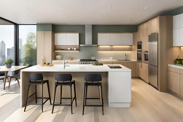 A sleek and modern kitchen with minimalist white cabinets, a large center island, and state-of-the-art appliances, featuring a seamless blend of form and function, Scandinavian interior design style