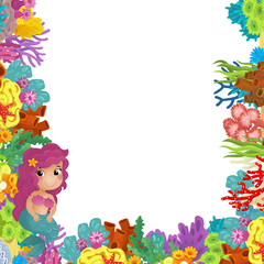 cartoon scene with coral reef mermaid princess and happy fishes swimming near isolated illustration for kids