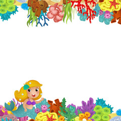 cartoon scene with coral reef mermaid princess and happy fishes swimming near isolated illustration for kids