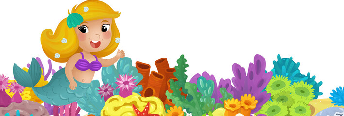 cartoon scene with coral reef mermaid princess and happy fishes swimming near isolated illustration for kids