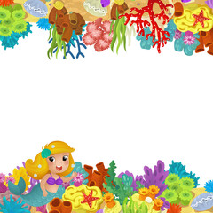cartoon scene with coral reef mermaid princess and happy fishes swimming near isolated illustration for kids