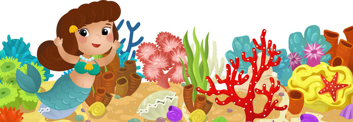 Naklejka premium cartoon scene with coral reef mermaid princess and happy fishes swimming near isolated illustration for kids