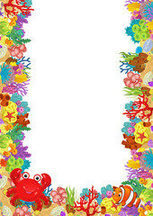 cartoon scene with coral reef and happy fishes swimming near isolated illustration for kids