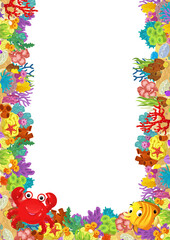 cartoon scene with coral reef and happy fishes swimming near isolated illustration for kids