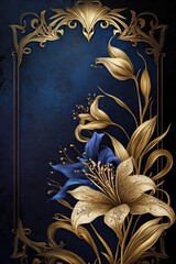 Lily Serenity: Vintage Gold and Sapphire Glamour - A Captivating Floral Fusion of Elegance and Opulence - Beautiful Lily Background - Vintage Gold Lily Wallpaper created with Generative AI Technology