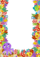 cartoon scene with coral reef and happy fishes swimming near isolated illustration for kids