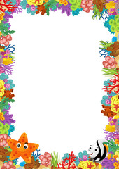 cartoon scene with coral reef and happy fishes swimming near isolated illustration for kids