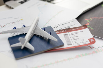 Airplane and money. Plane on the background of USA dollars. The cost of travel, air tickets and...