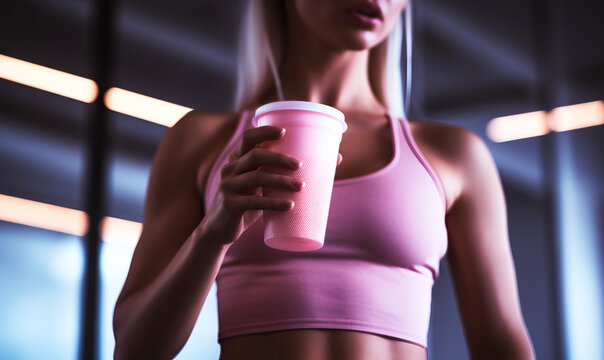 Strength and Satisfaction, A Female Empowered, Holding a Protein Shake After a Rewarding Workout Session.  Generative Ai.