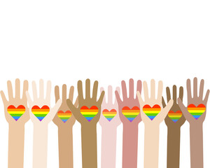 
Concept of gay parade, homosexual community. lgbt multiracial hands with hearts. Vector.
