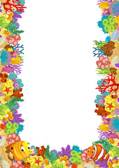 cartoon scene with coral reef and happy fishes swimming near isolated illustration for kids