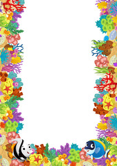cartoon scene with coral reef and happy fishes swimming near isolated illustration for kids