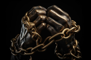 A hyper-realistic sculpture of two hands clasped together, their knuckles slightly weathered, with a gold chain intertwined around each of their fingers.