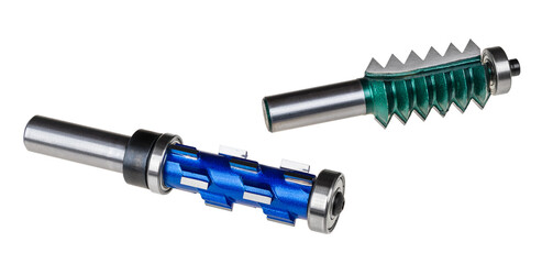 Closeup of replaceable shank router bits isolated on white background. Blue carbide spiral trimming...