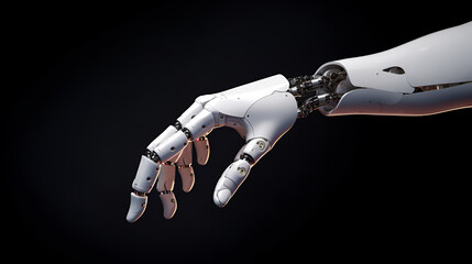 Innovative white robot arm on a black background. the concept of helping artificial intelligence to people. development of AI technologies and robotics. modern prosthetics. AI generation Generative AI
