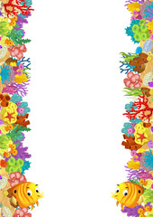Naklejka premium cartoon scene with coral reef and happy fishes swimming near isolated illustration for kids