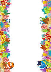 cartoon scene with coral reef and happy fishes swimming near isolated illustration for kids
