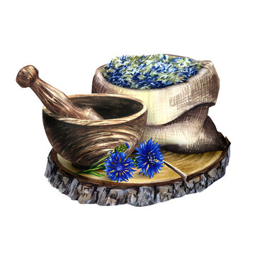 recommend clip art: Cornflower officinalis, medicinal herb, dried, crushed in a linen bag. Mortar and pestle crusher. Watercolor hand drawn illustration. Isolate. For banner, flyer, poster, product packaging.