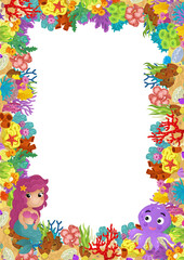 Fototapeta premium cartoon scene with coral reef mermaid princess and happy fishes swimming near isolated illustration for kids