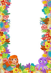 cartoon scene with coral reef mermaid princess and happy fishes swimming near isolated illustration for kids