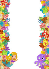 cartoon scene with coral reef mermaid princess and happy fishes swimming near isolated illustration for kids