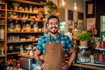 handsome latino barista working in a modern roastery cafe