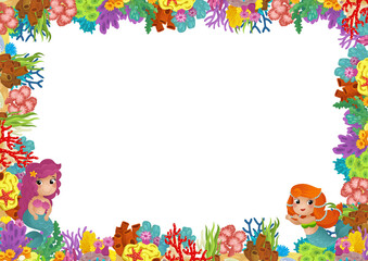 cartoon scene with coral reef mermaid princess and happy fishes swimming near isolated illustration for kids