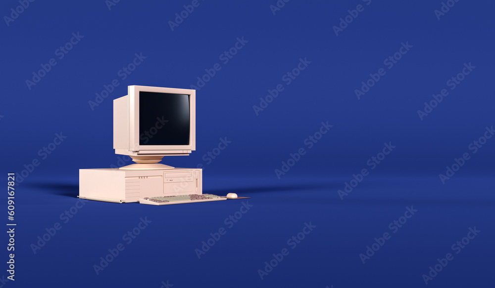 Poster 3d vintage computer on blue background with empty space