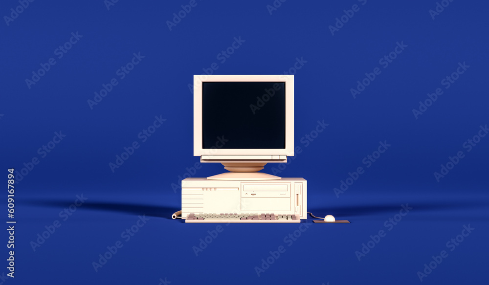 Aufkleber 3d vintage computer on blue background with empty space