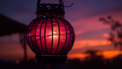 Glowing lantern illuminates nature vibrant night sky generated by AI